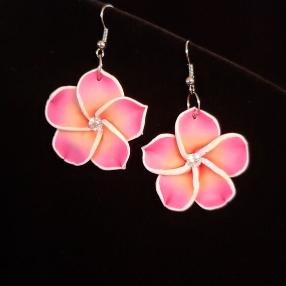 Beautiful Pink Orange Tropical Flower Blossom Earrings - Picture 1 of 3